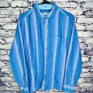 Tommy Bahama Linen/Sorona Flip Cuff Striped Shirt Blue Coral Mens Large